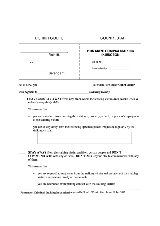Permanent Criminal Stalking Injunction Printable pdf