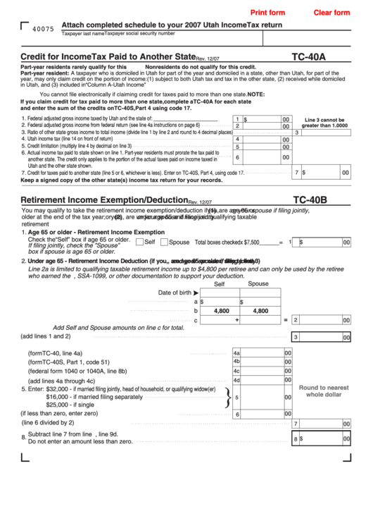 Fillable Credit For Income Tax Paid To Another State 2007 Printable pdf