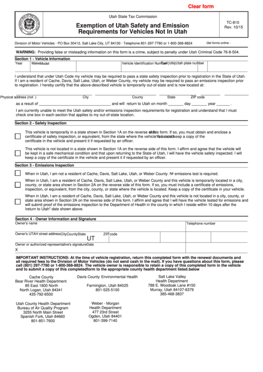 Fillable Form Tc-810 - Exemption Of Utah Safety And Emission Requirements For Vehicles Not In Utah Printable pdf