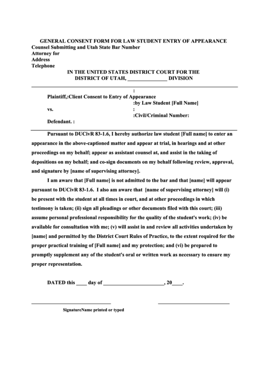 Client Consent To Entry Of Appearance By Law Student Printable pdf