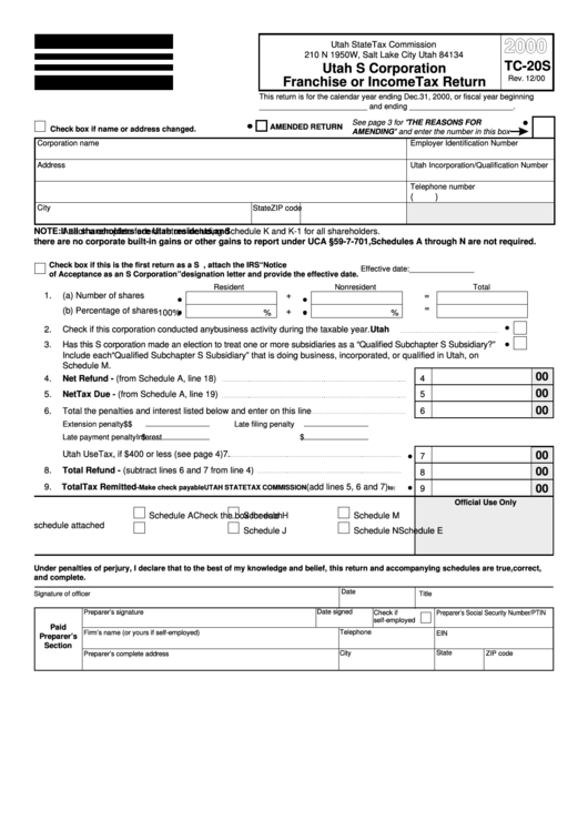 Utah S Corporation Franchise Or Income Tax Return 2000 Printable pdf