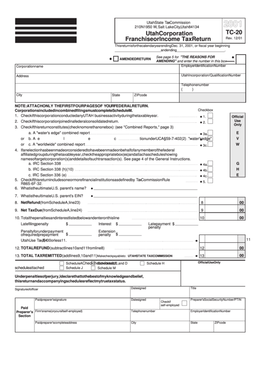 Form Tc-20 - Utah Corporation Franchise Or Income Tax Return - 2001 Printable pdf