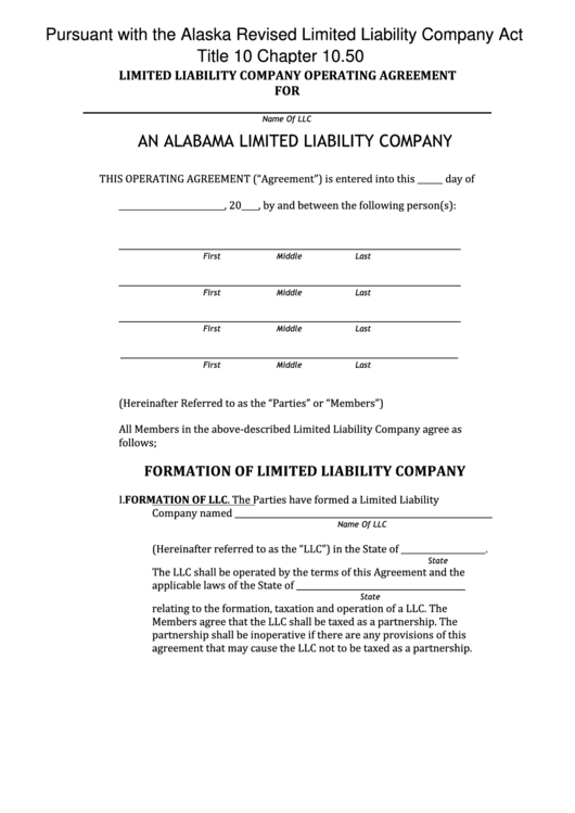 Fillable Limited Liability Company Agreement Operating Agreement For An Alabama Llc Printable pdf