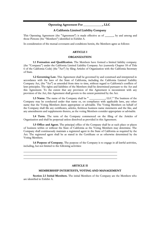 Fillable California Llc Operating Agreement Template Printable pdf