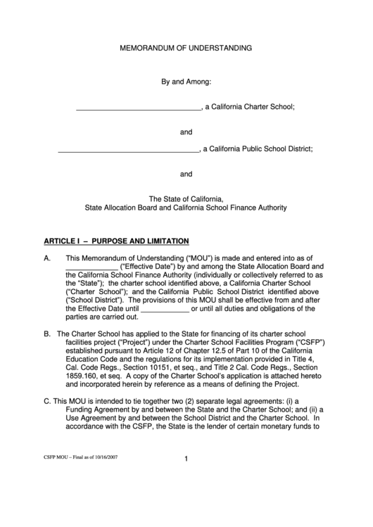Memorandum Of Understanding Between A California Charter School And A California Public School District And The State Of California, State Allocation Board And California School Finance Authority Printable pdf