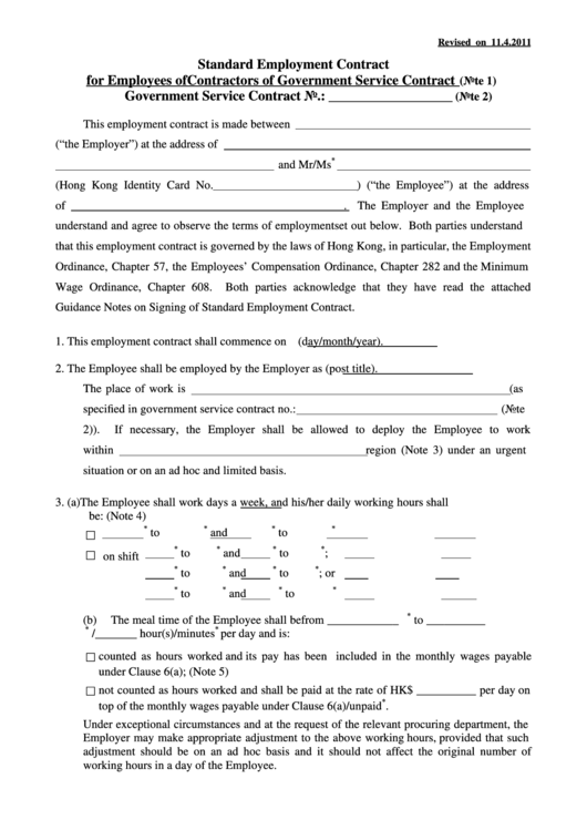 2011 Standard Employment Contract For Employees Of Contractors Of Government Service Contract Template Printable pdf
