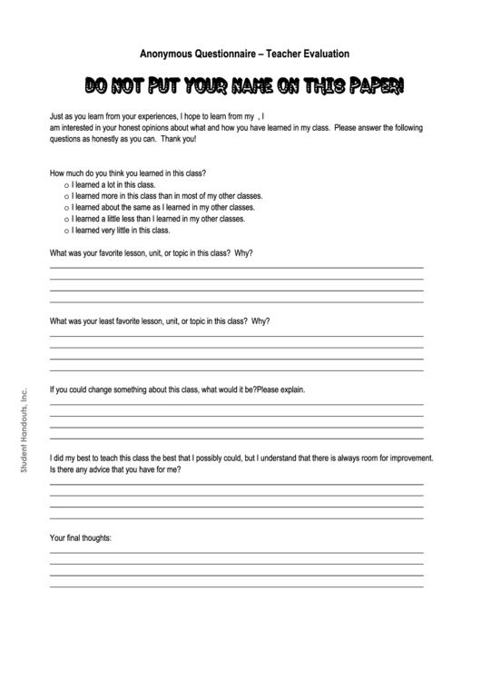 Anonymous Questionnaire - Teacher Evaluation Printable pdf