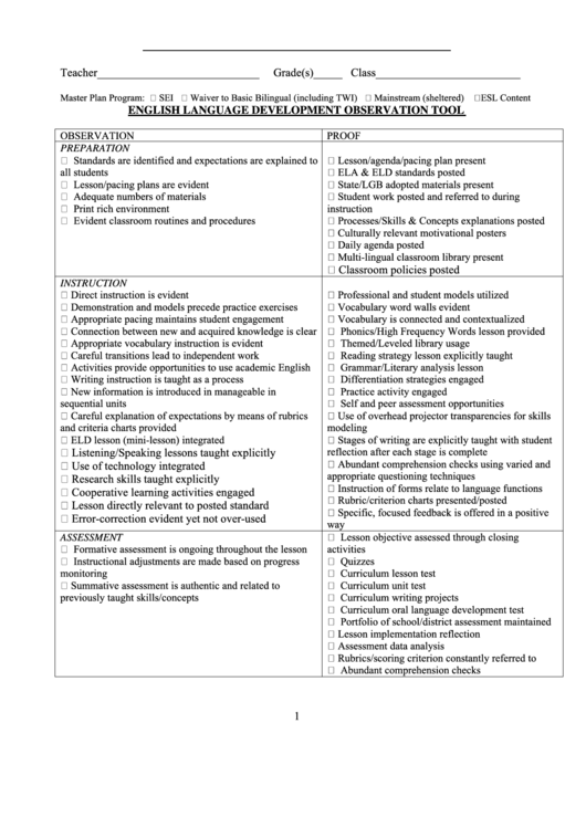 Classroom Observation Checklist printable pdf download