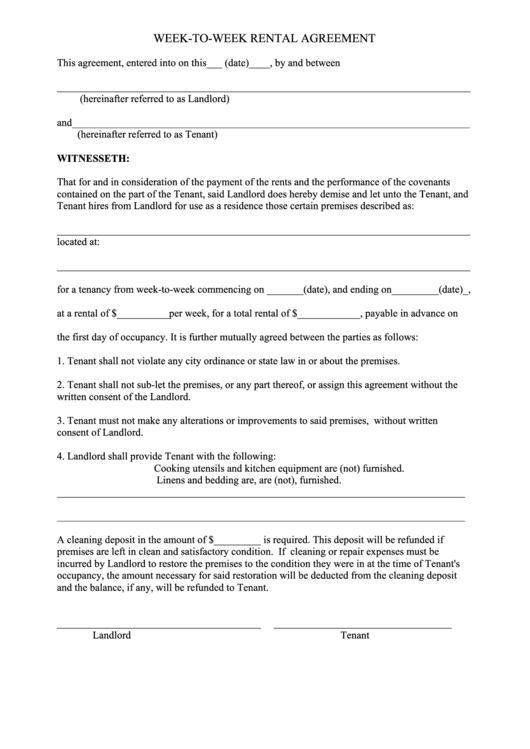 WeekToWeek Rental Agreement Template printable pdf download