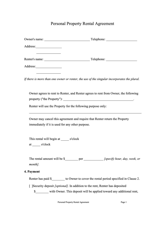 Personal Property Rental Agreement Template Printable pdf