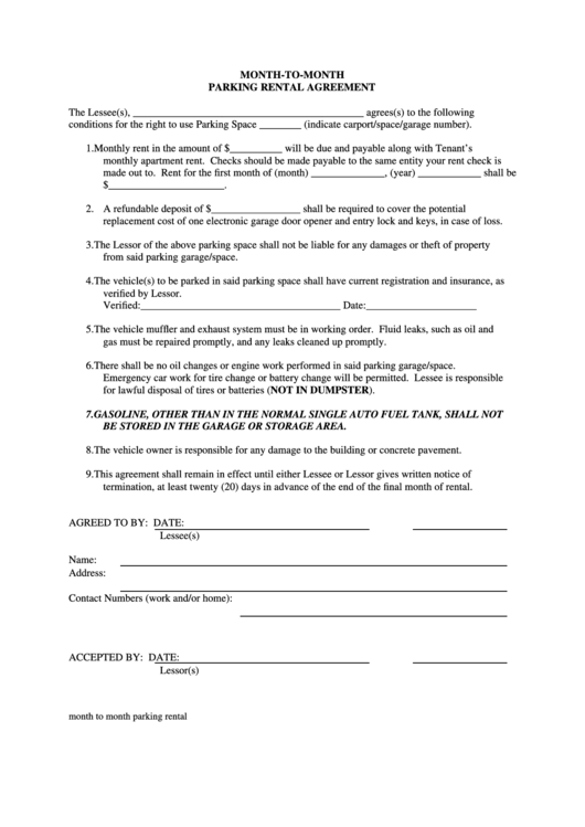 Month-To-Month Parking Rental Agreement Template Printable pdf