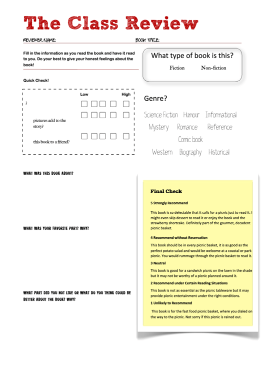 The Class Book Review Template Printable pdf