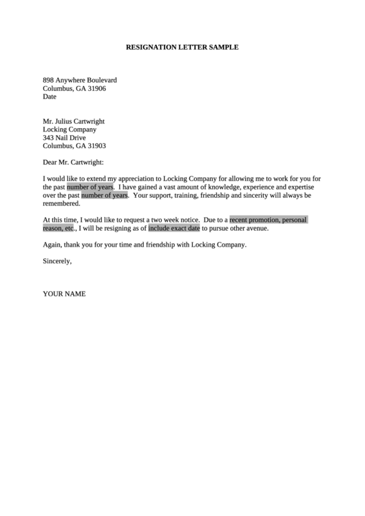 Sample Resignation Letter Template Printable pdf