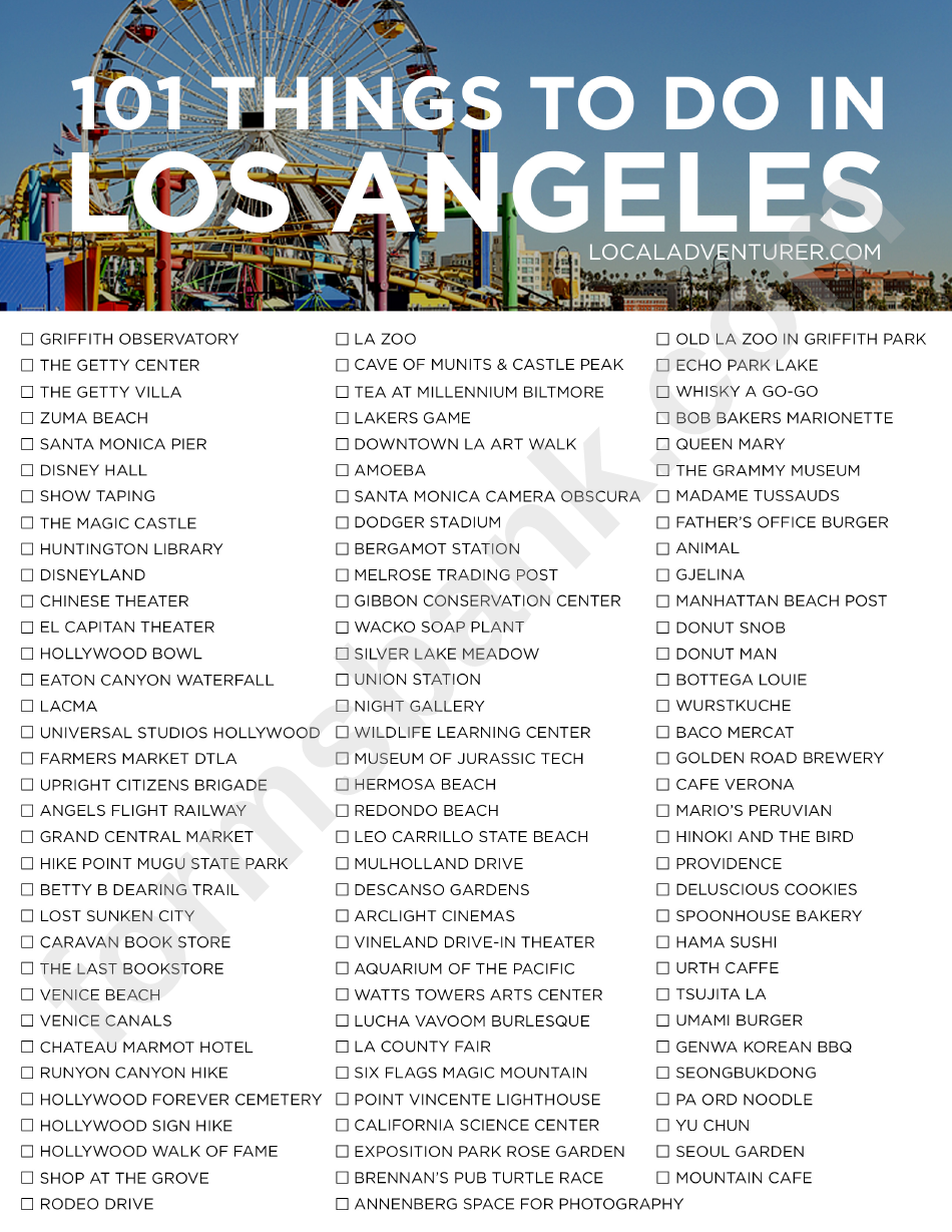 101 Things To Do In Los Angeles - La Bucket List Template