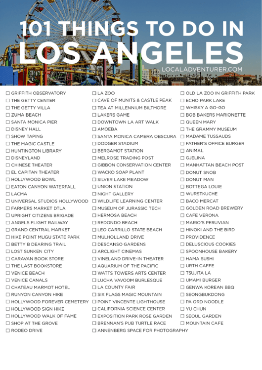 101 Things To Do In Los Angeles - La Bucket List Template Printable pdf