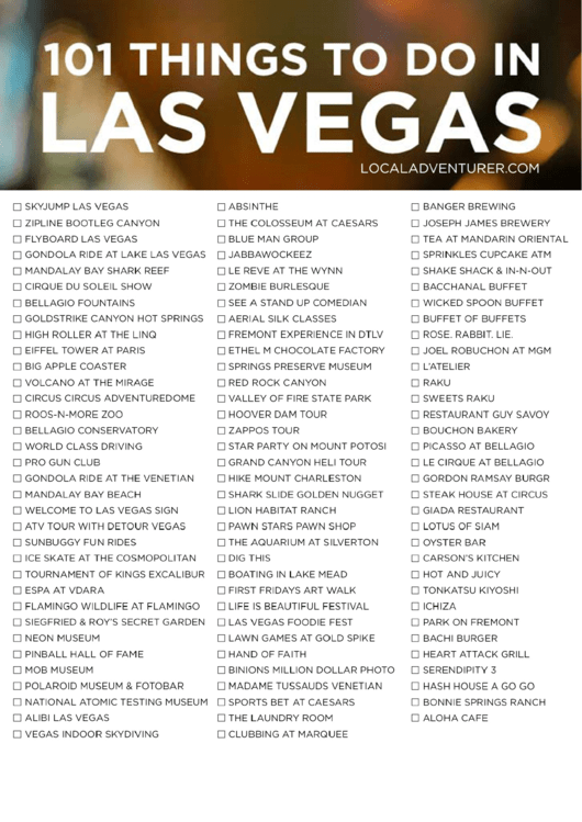 101 Things To Do In Las Vegas - Vegas Bucket List Template Printable pdf