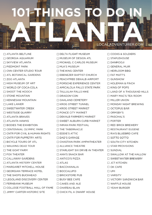 101 Things To Do In Atlanta Printable pdf
