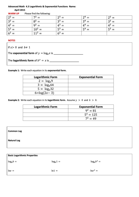 Logarithmic & Exponential Functions Worksheet Printable pdf