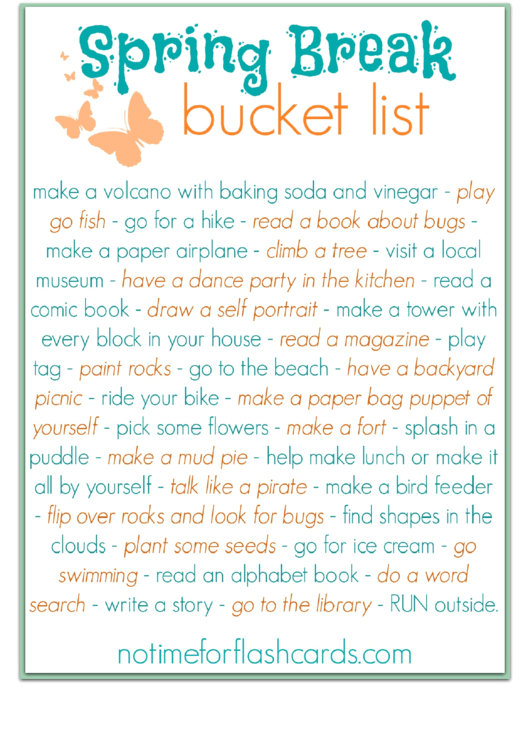 Spring Break Bucket List Template Printable pdf