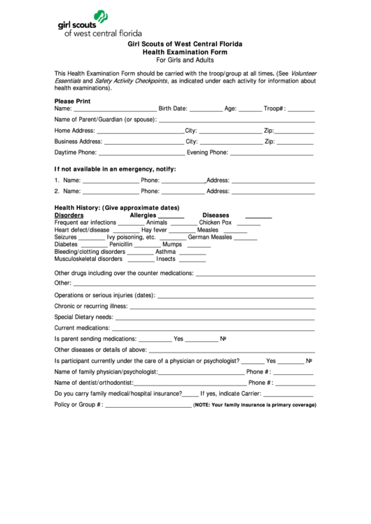 Girl Scout Health History Form 28b