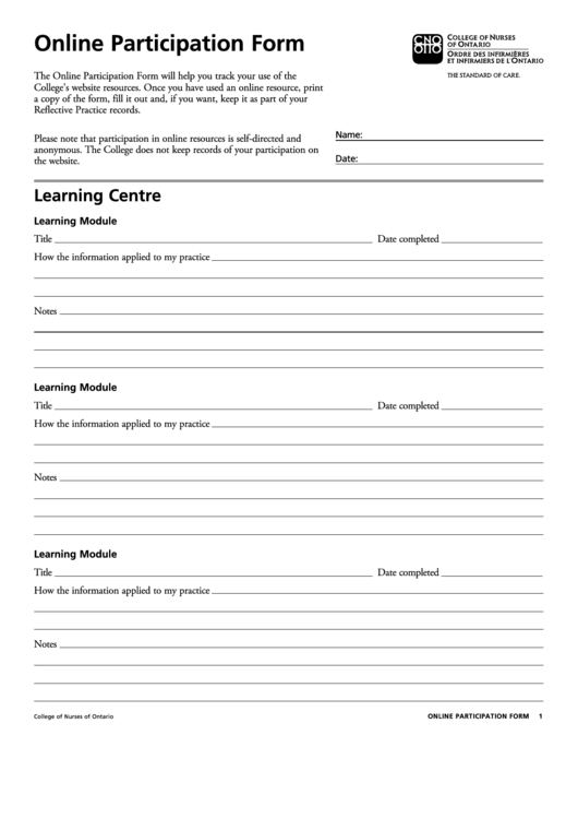 Online Participation Form - College Of Nurses Of Ontario Printable pdf