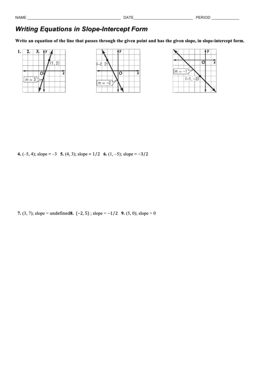 Writing Equations In Slope Intercept Form Printable pdf