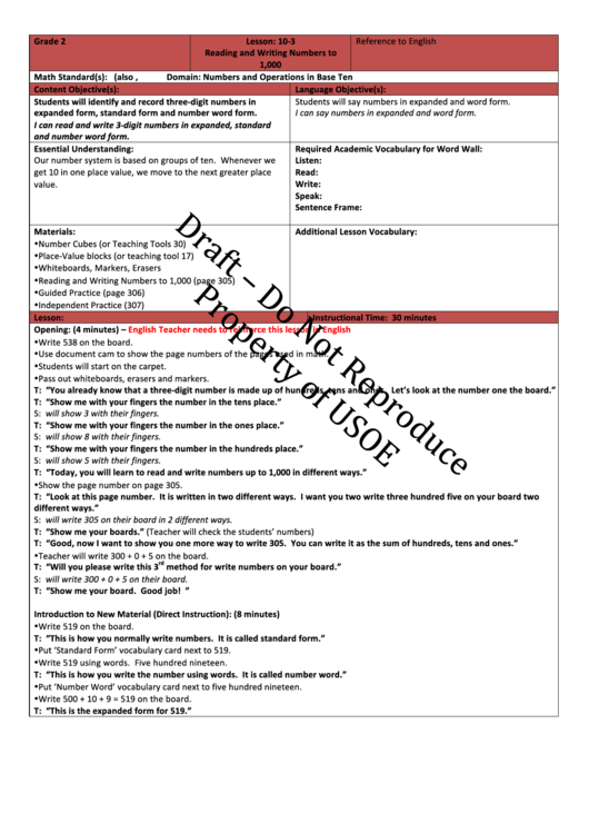 Grade 2 Lesson Plan Reading And Writing Numbers To 1000 Template Printable pdf