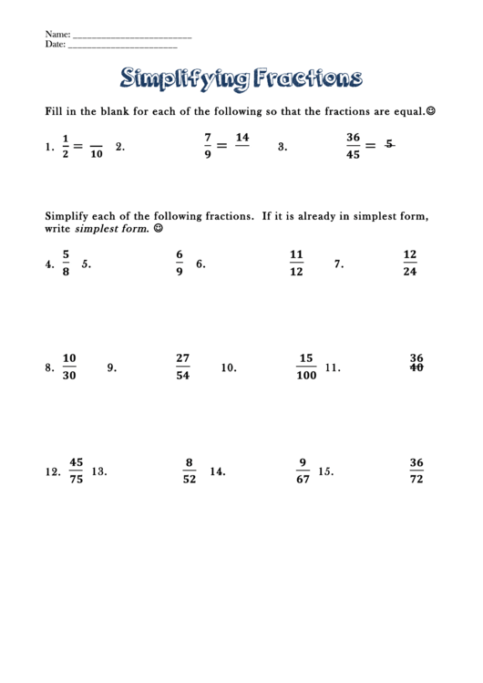Simplifying Fractions Worksheet Printable pdf