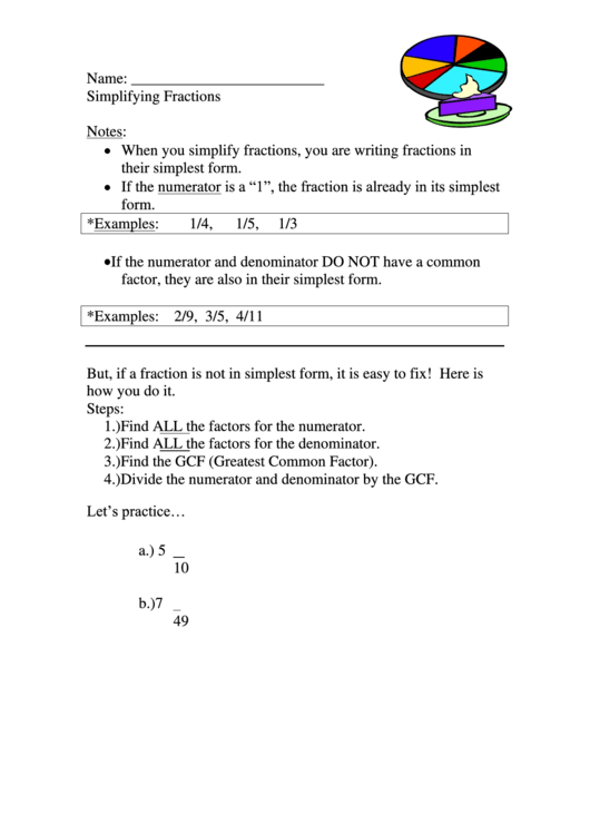 Simplifying Fractions Worksheet Printable pdf