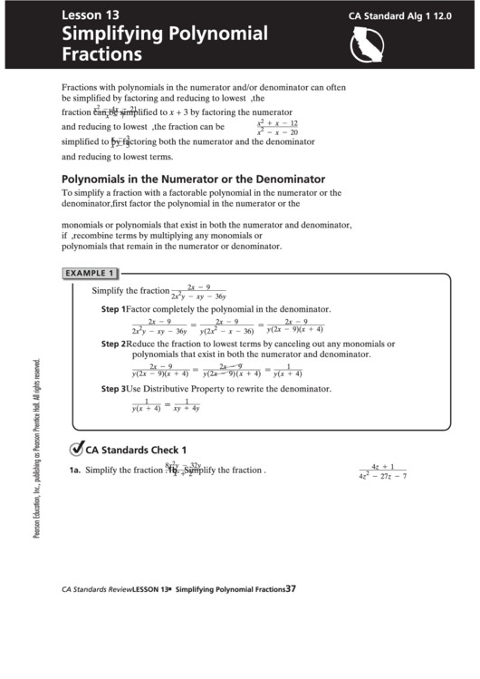 Simplifying Polynomial Fractions Worksheet Printable pdf