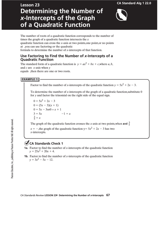 Determining The Number Of X-Intercepts Of The Graph Of A Quadratic Function Worksheet Printable pdf