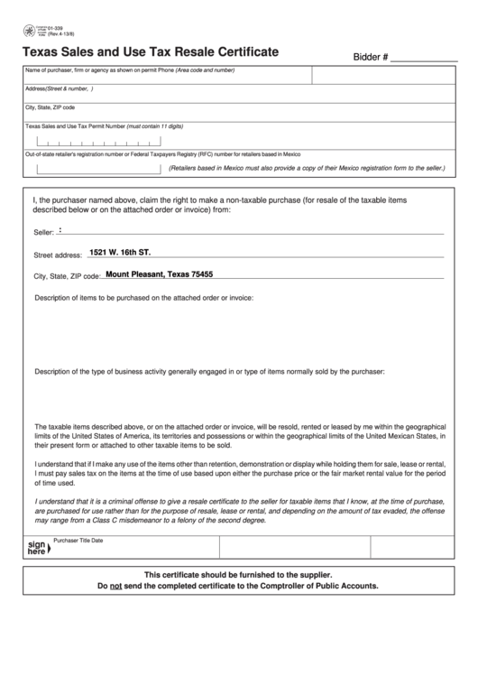 Fillable Form 01-339 - Texas Sales And Use Tax Resale Certificate Printable pdf