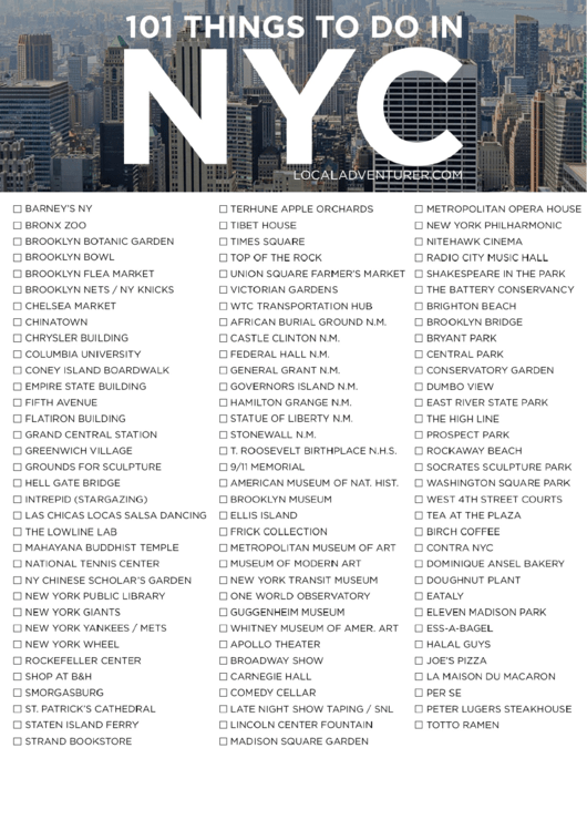 101 Things To Do In Nyc - New York Bucket List Template