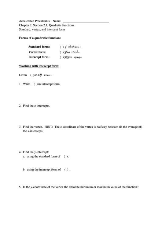 Standard Vertex And Intercept Form Worksheet Printable pdf