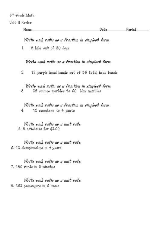 6th Grade Math Ratios Worksheet Printable pdf