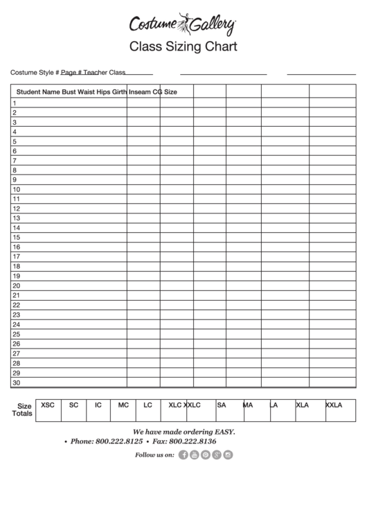 Class Sizing Chart Printable pdf