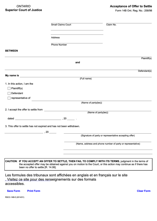 Fillable Acceptance Of Offer To Settle Printable pdf