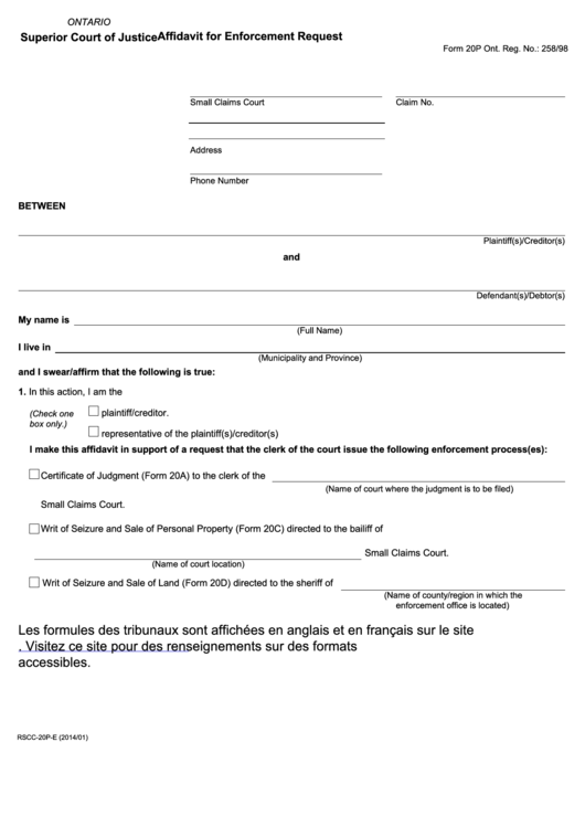 Fillable Affidavit For Enforcement Request Printable pdf