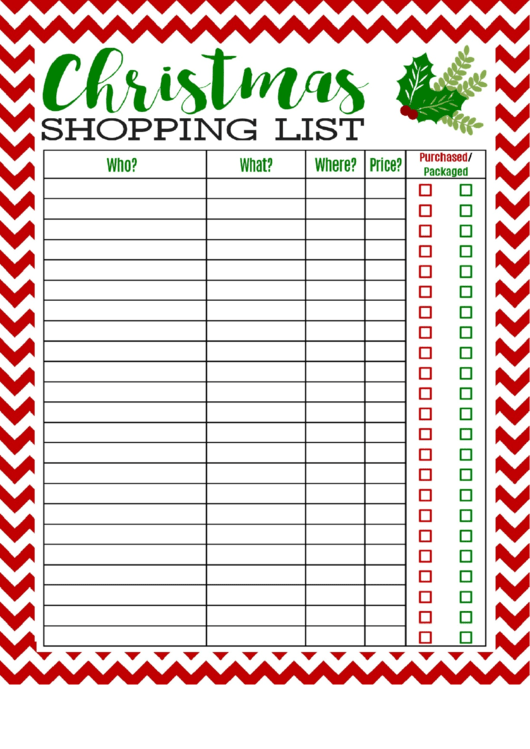 Christmas Shopping List Template Printable pdf