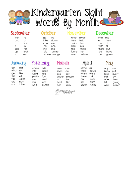 Kindergarten Sight Words By Month
