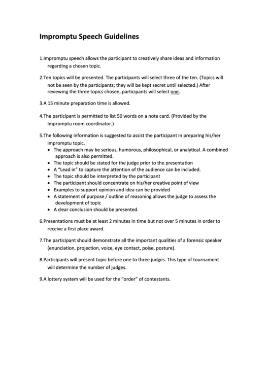 Impromto Speech Guidelines Printable pdf