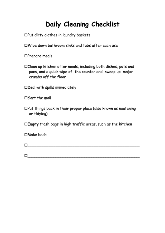 Daily Cleaning Checklist Printable pdf