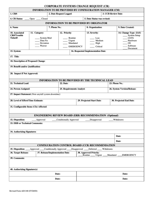 Corporate Systems Change Request (Cr) Form Printable pdf