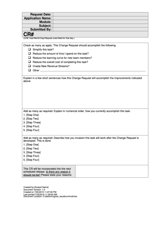 Change Request (Cr) Form Printable pdf