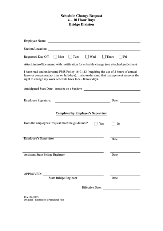 4 - 10 Hour Days Schedule Change Request Form Printable pdf