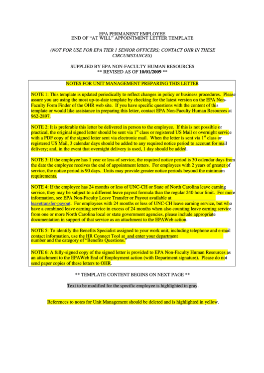Epa Permanent Employee End Of At Will Appointment Letter Template Printable pdf