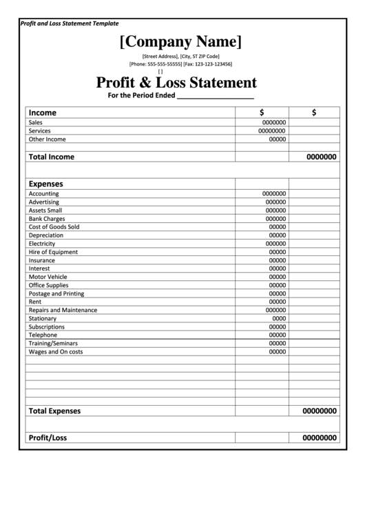 Profit & Loss Statement Printable pdf