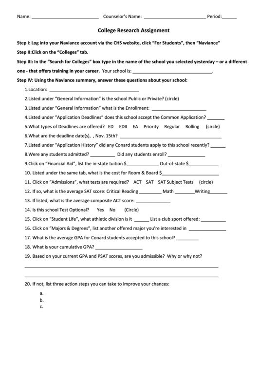 College Research Assignment Printable pdf