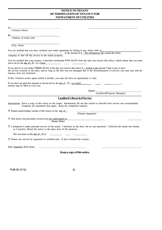 Notice To Tenant Of Termination Of Tenancy For Non Payment Of Utilities Printable pdf
