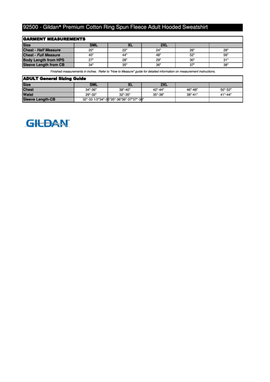 92500 - Gildan Premium Cotton Ring Spun Fleece Adult Hooded Sweatshirt Size Chart Printable pdf